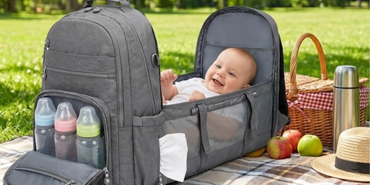 Mochila maternidade Yepp cinza com bolso frontal térmico aberto mostrando mamadeiras.